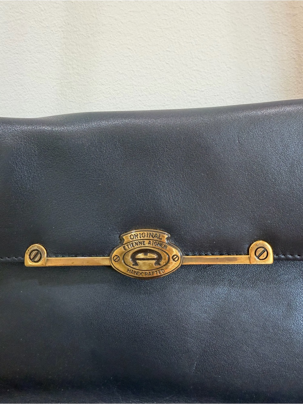 Navy Blue Leather Shoulder Bag with Brass Hardware in great condition - Picture 2 of 5